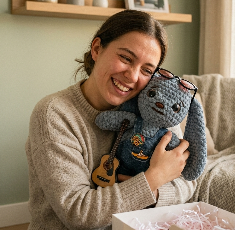 Happy adult client with a handmade amigurumi
